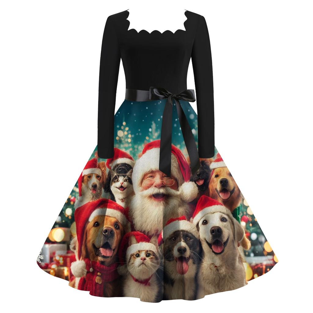 Women's Fashion Retro Long-sleeved Square Collar Christmas Printed Evening Dress