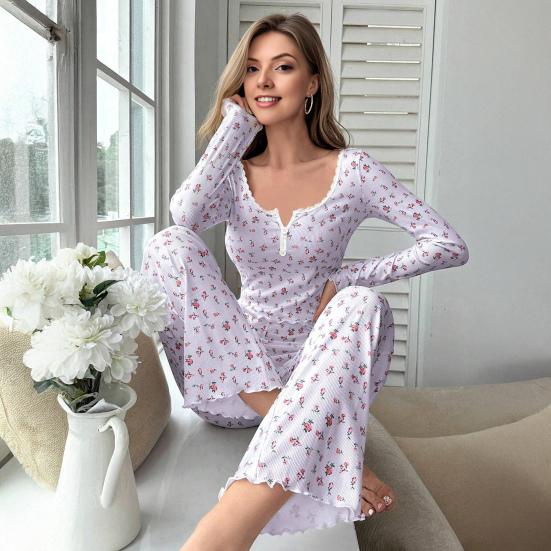 Women's Floral Long Sleeve Pajama Set Crop Top And Wide Leg Pants Sleepwear Set Casual 2 Piece Pjs Lounge Set