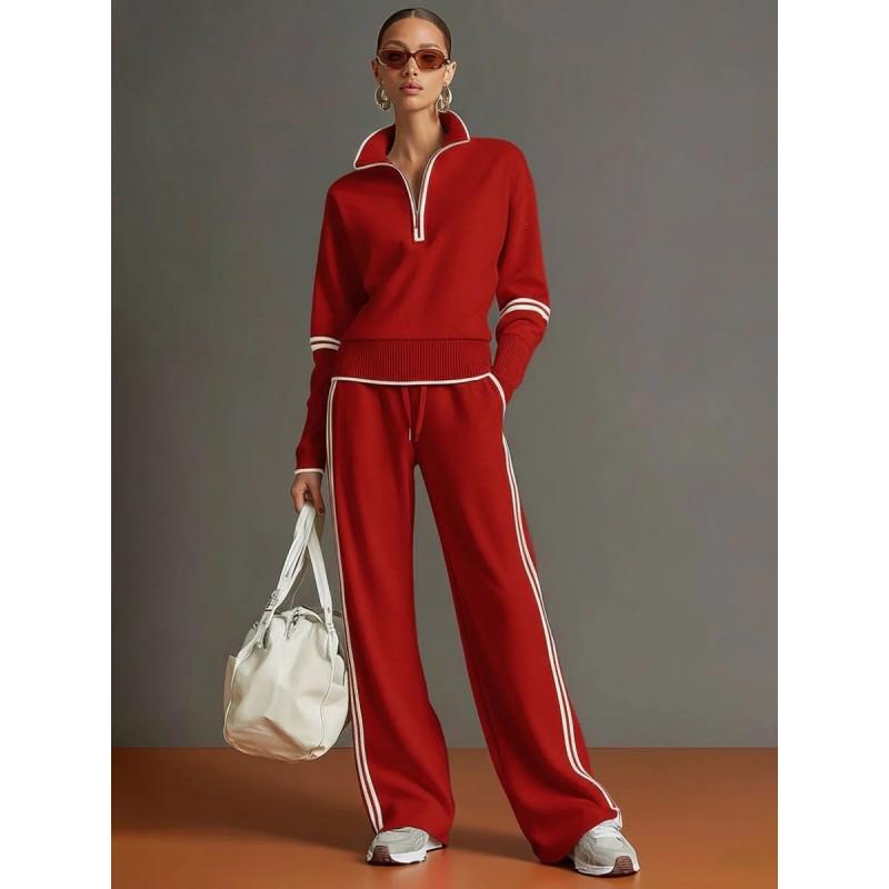 2026 Lässiges zweiteiliges Set für Damen: Color-Block Kapuzenpullover mit Stehkragen Weit geschnittene Hose Alltagsbekleidung