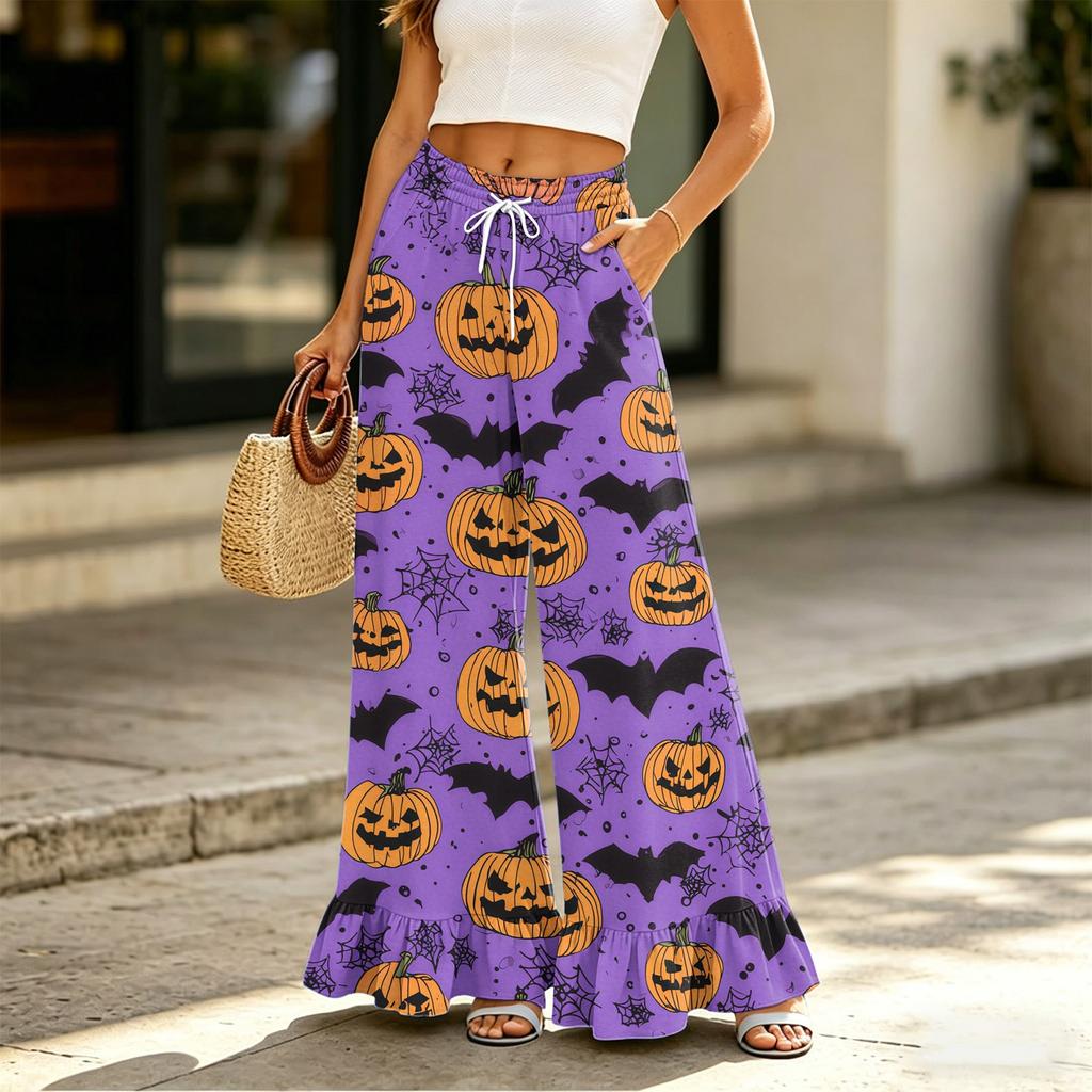 Women High Waist Drawstring Wide Leg Pants with Pockets Halloween Print Loose Fit Casual Long Trousers for Daily Wear