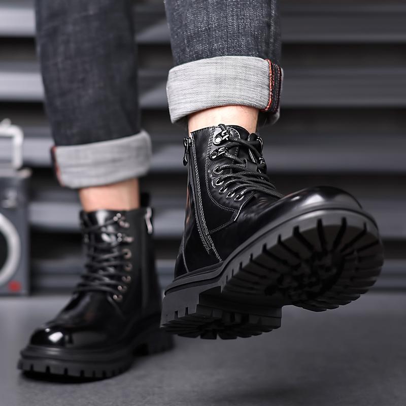 High Quality Leather Lace Up Ankle Shoe Outdoor Men Motorcycle Boots Autumn Winter Shoes Non Slip Warm Plush Fur Snow Boots