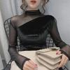 Lace Semi-high Neck Gold Velvet Splice Top with Mesh Sleeves for Women