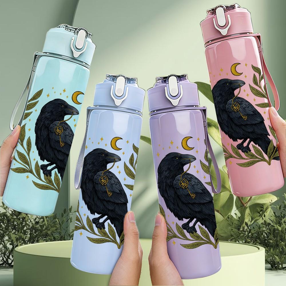 1PC Wreath Black Raven Print 750ml Color Plastic Sports Water Bottle Leakproof Flip Straw Lid Suitable for Sports Office Home Use