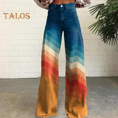 Women Casual Trousers Colorful 3D Floral Printing Flared Leg High Waist Plus Size Jeans Button Zipper Closure with Pockets Lojng Pants for Dating