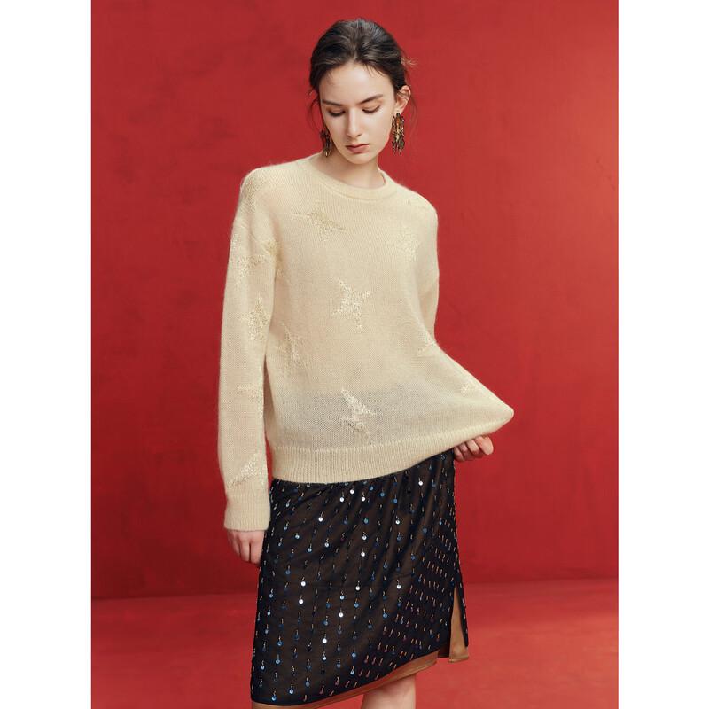 ELLE Women's Sequin Jacquard Round Neck Sweater