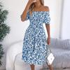 Women's Fashionable Floral Print Square Collar  Short Sleeved Dress With Large Skirt And Loose Fit