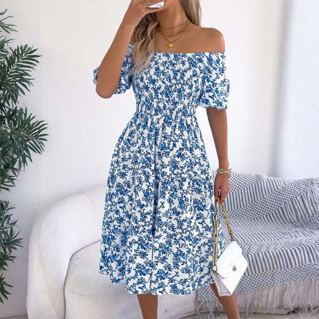Women's Fashionable Floral Print Square Collar  Short Sleeved Dress With Large Skirt And Loose Fit