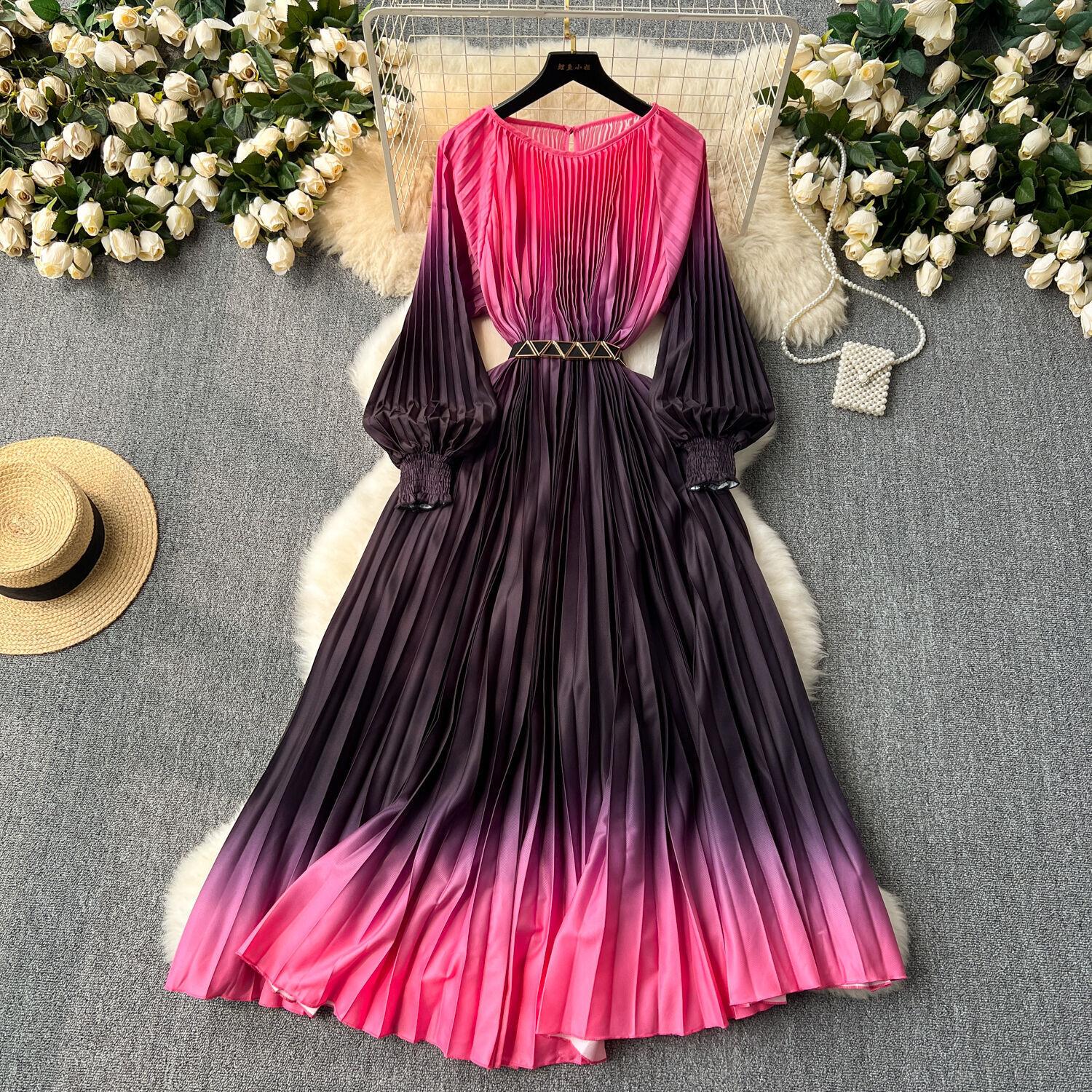 

Женское милое элегантное платье с высокой талией, облегающее, темпераментное, градиентного цвета, плиссированное платье, Vestidos, корейская мода, лето One Size розы красного