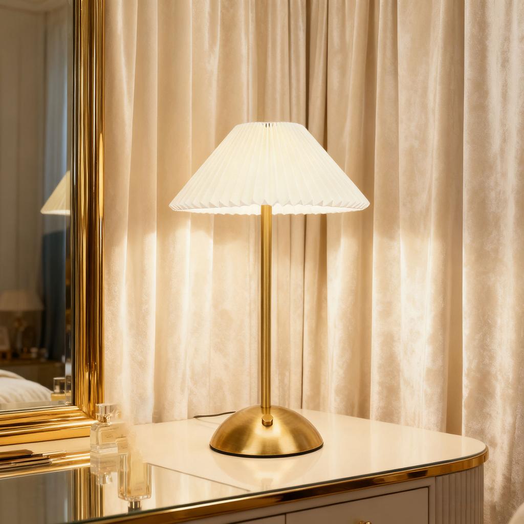 Pleated Table Lamp Touch Control 3 Colors Stepless Dimming USB Rechargeable Retro Cordless LED Nightstand Lamp for Bedside Living Room
