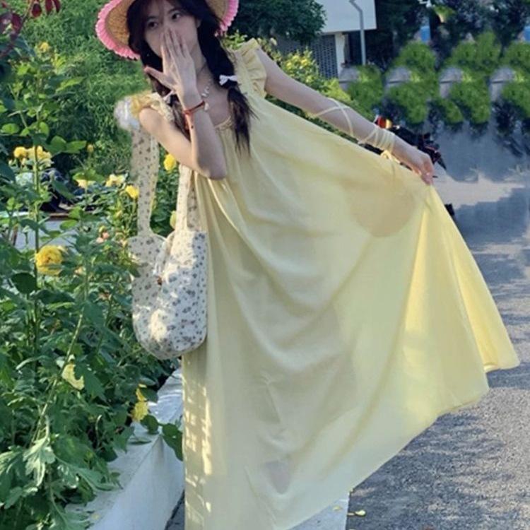 Yellow Fairy Flutter Sleeve Summer Dress for Girls - Slimming Mid-Length
