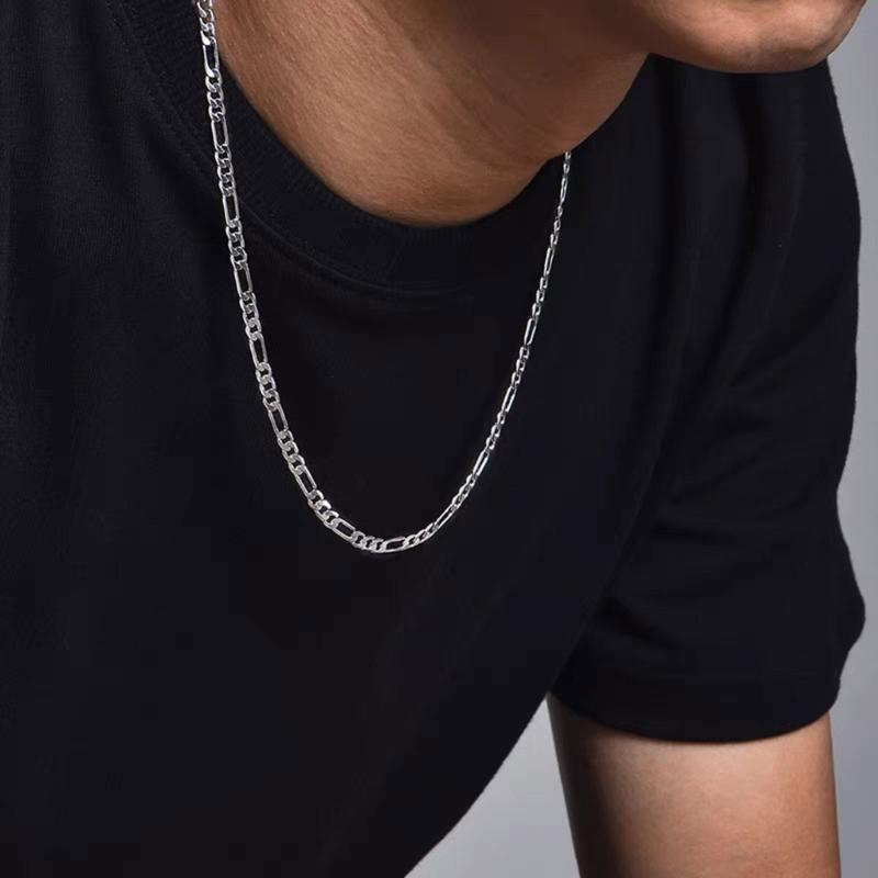 Men's Silver Figaro Chain Necklace Polished Smooth Brims For Comfort Adjustable Lengths 16 18 20 22 24 Inch
