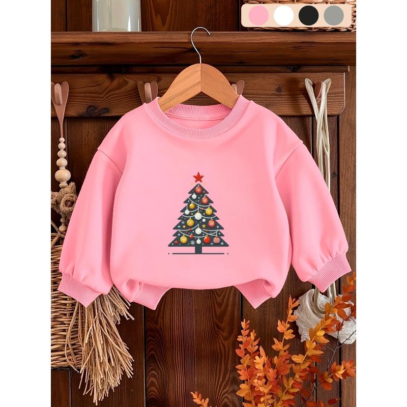 Kids Lightweight Crewneck Pullover Sweatshirt, Cartoon Christmas Tree Graphic Print