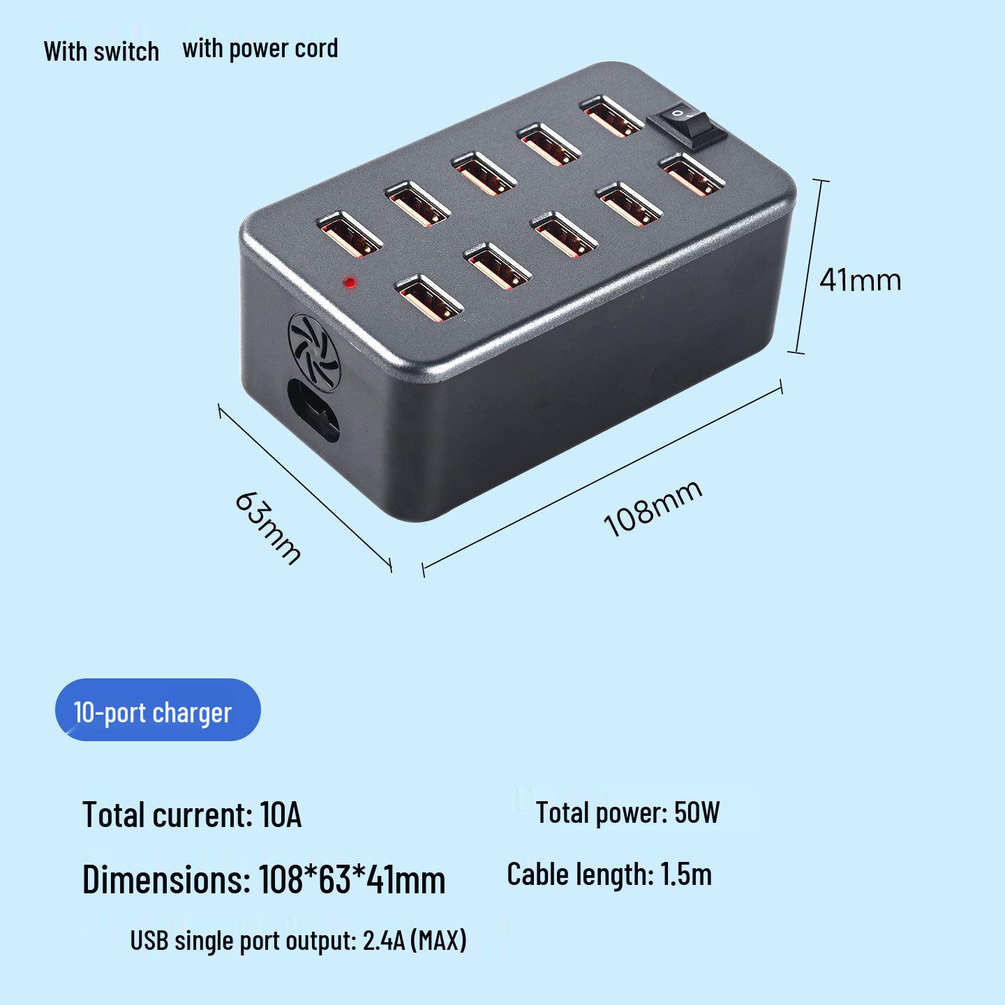 Smart Multi-Port USB Charging Station: 10, 20, or 30-Port Desktop Fast Charger, 5V Universal US Plug with 1.5m Power Cord, Domestic Use, Black