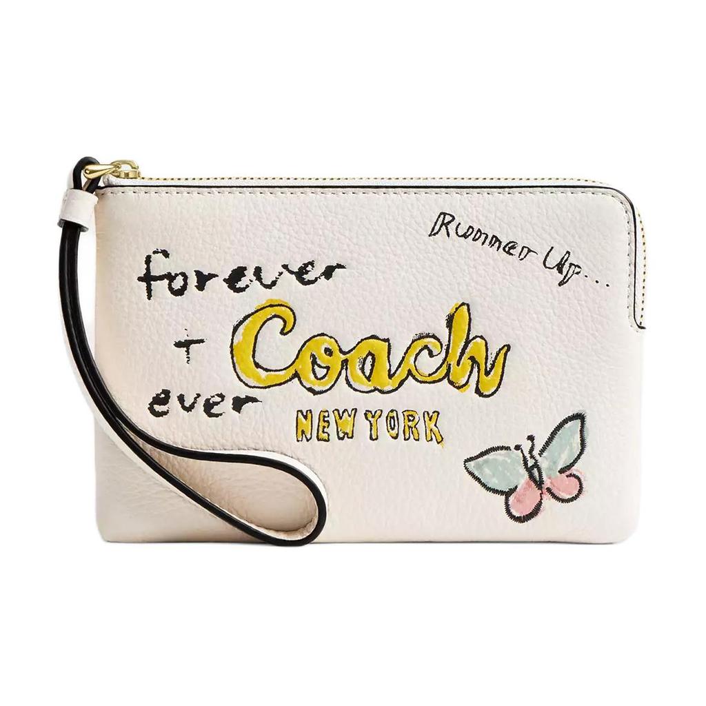 New COACH Corner Zip Pebbled Leather Wallet Small Women's Gold & Chalk Multicolor CAQ54-IMCAH