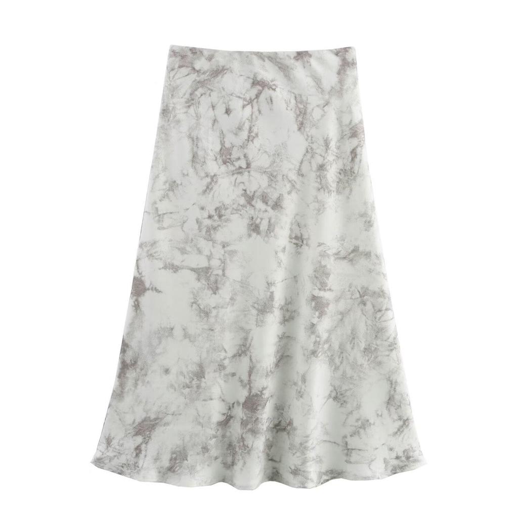 2025 Spring Women's European & American Ink Wash Satin Midi Skirt