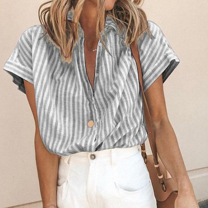 Summer loose striped shirt women's short-sleeved lapel vertical pattern cardigan women's blouse casual 2021