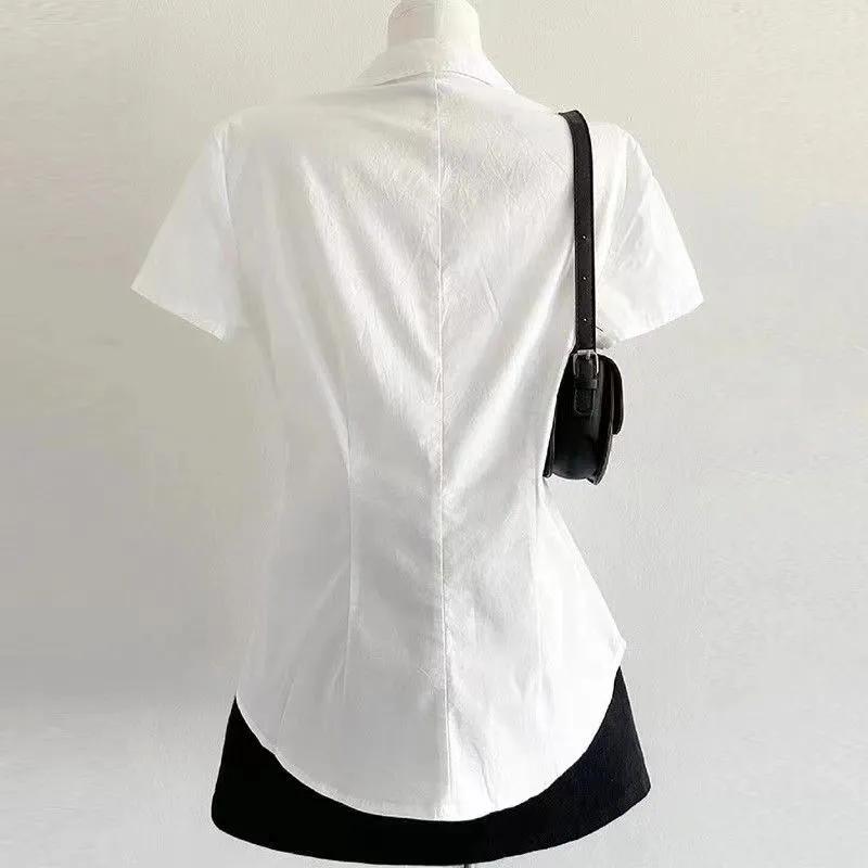 Female Summer Waist-Defining Shirt Pleated Short-Sleeve Unique Slimming Top