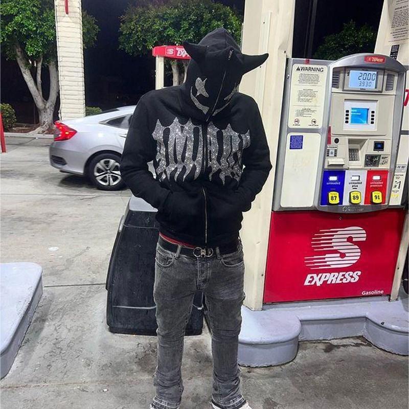 Y2K Unisex Rhinestone Full Face Zipper Hoodies Sweatshirt Loose Oversized Gothic Letter Star Print Men's Women's Streetwear Coat