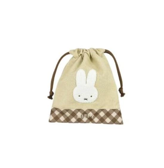 Marimo Craft Miffy Diagonal Check Series Drawstring BagCharacter Storage Bag, Cute Gift, Beige, Approx. W170 x H200mm (DBM-3126)