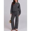Women Fuzzy Knit Two Piece Set Round Neck Long Sleeve Sweater And Wide Leg Pants Loungewear