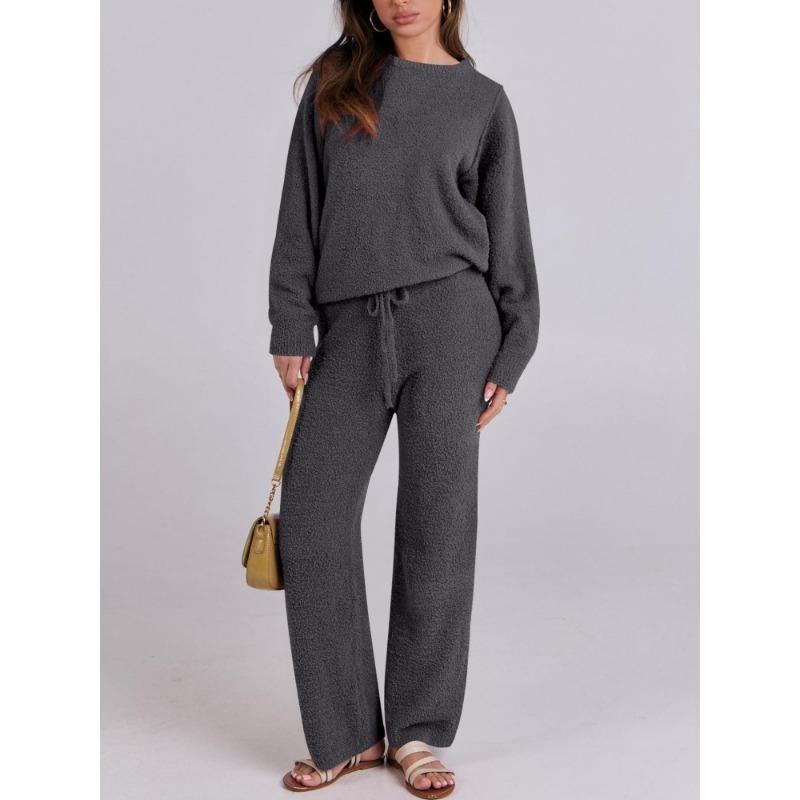Women Fuzzy Knit Two Piece Set Round Neck Long Sleeve Sweater And Wide Leg Pants Loungewear