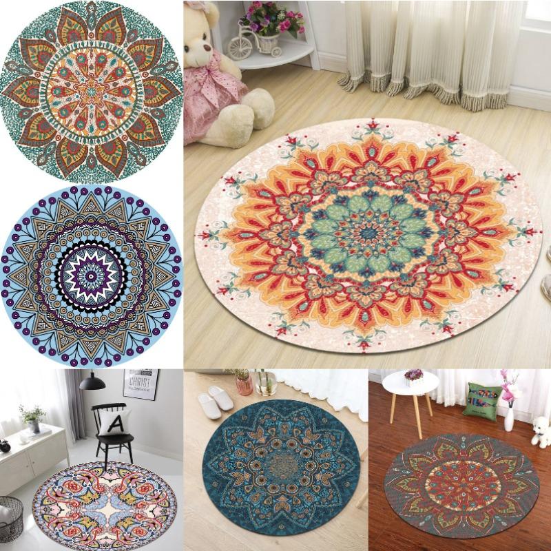 Ethnic Style Circular Carpet Bosnian Style Mandala Printed Rug Living Room Bedroom Decoration Anti Slip Foot Mat Home Decoration