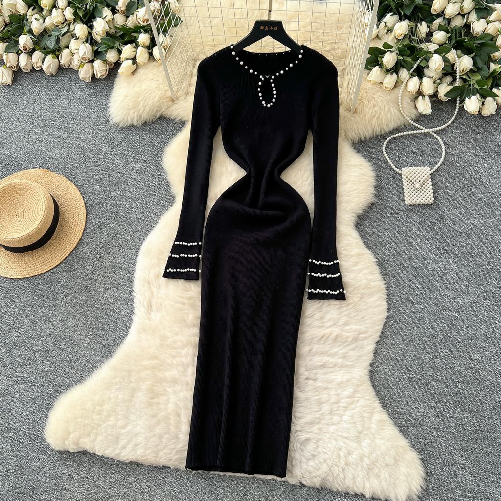 Autumn Spring Women Full Sleeve Luxury Beading Knitted Sweater Party Dress Long Midi Sheath Bodycon Pullover Dresses