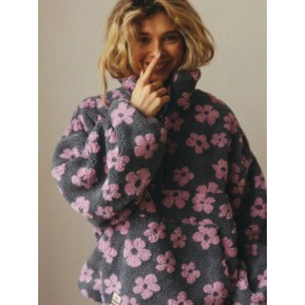 

Жіночі худі шерпа з квітковим принтом на осінь-зиму, пуловери, стиль напівзастібки, вільний крій, тепла стильна толстовка L рожевий