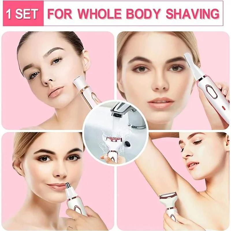 4 In 1 Electric Hair Removal Device Painless Epilator For Face Nose Legs and Underarm Bikini Trimmer for Women Wet & Dry