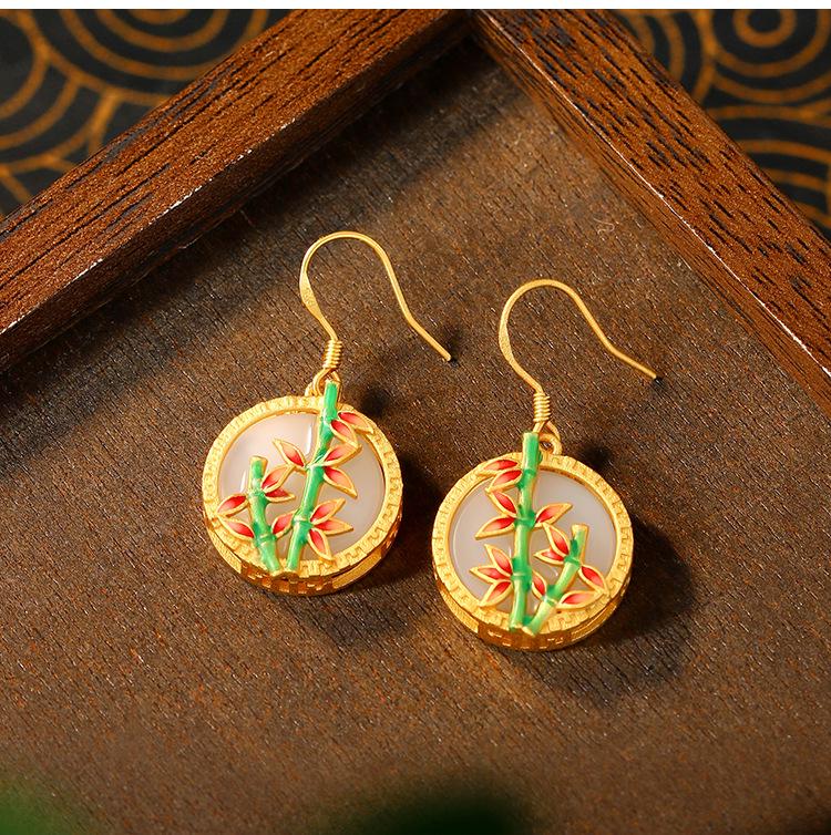 

Красочные эмалевые серьги с бамбуком и жадеитом: Ципао в стиле Ханфу с крючками из серебра 925 пробы Gold Plated