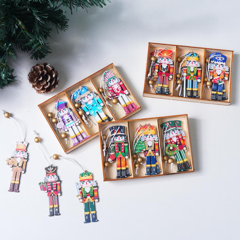 1set Wooden Nutcracker Soldier Christmas Tree Hanging Supplies Nutcracker Puppet Wooden Pendants For New Year Home Decoration