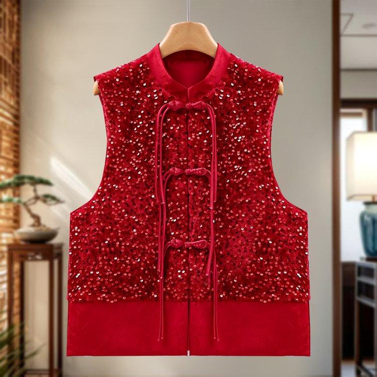 Retro Chinese Style Sequin Velvet Waistcoat with Frog Button