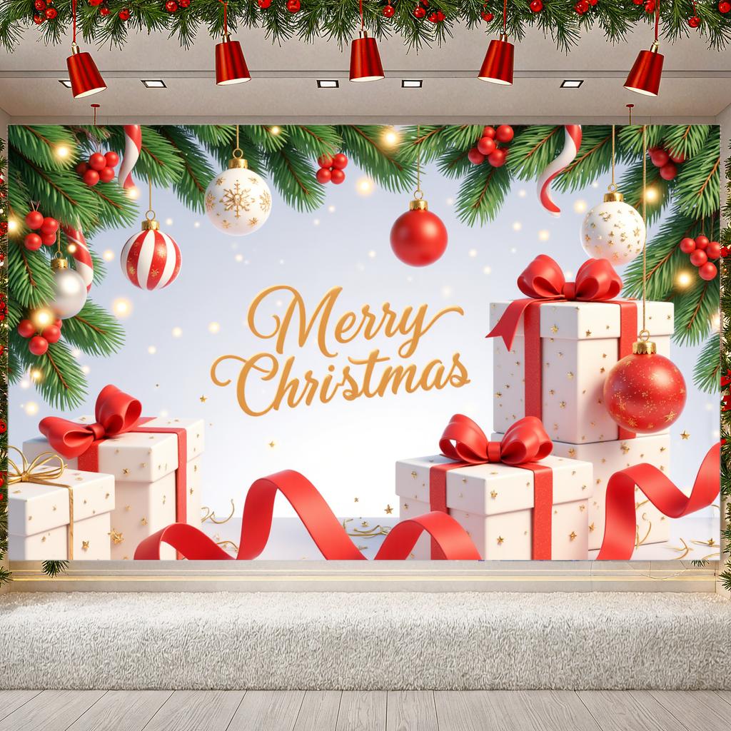 Baner na przyjęcie świąteczne ze złotymi akcentami, tło na wydarzenie, dekoracja świąteczna, gałązki choinkowe, świąteczny baner na wydarzenie sezonowe, do domu