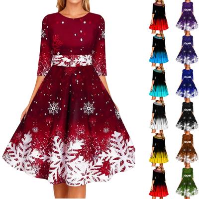 Ladies' Printed Fashionable And Personalized Snowflake Mid Sleeve Waist Dress