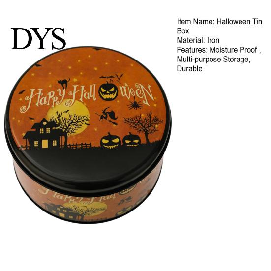 Small Metal Trinket Case Halloween Round Tin Box, Candy Cookie Storage Container with Pumpkin Witch Themed Gift Box Print, Spooky Party Favor Reusable