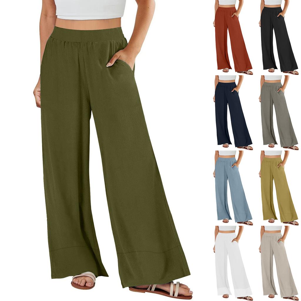 Women's Loose High-waisted Cotton And Linen Solid Color Straight-leg Flared Pocket Wide-leg Pants