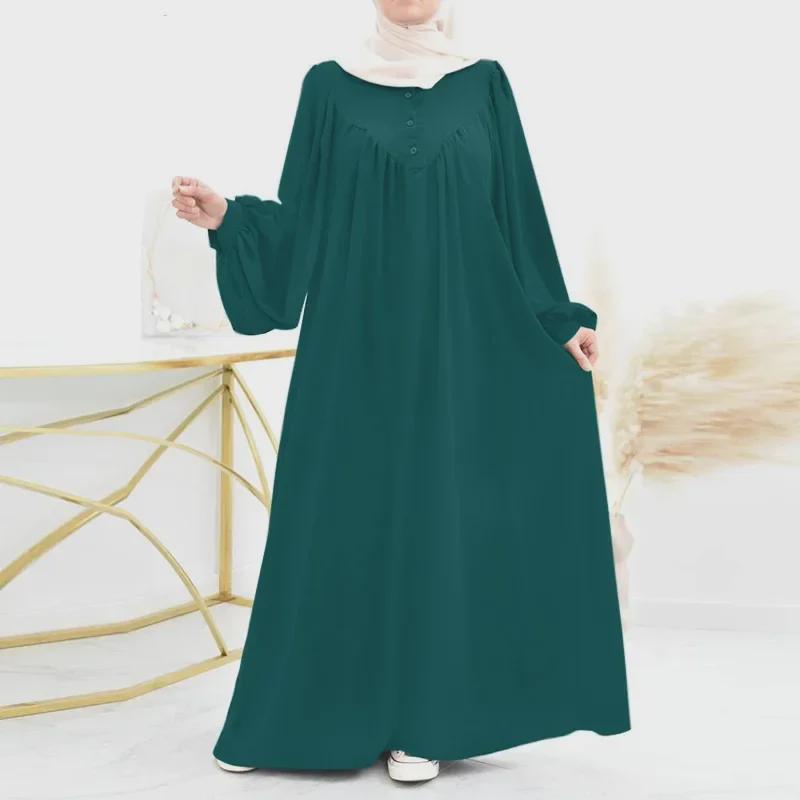 Modern Puff Sleeve Muslim Women's Robe: Spring/Autumn Solid Color Long Dress
