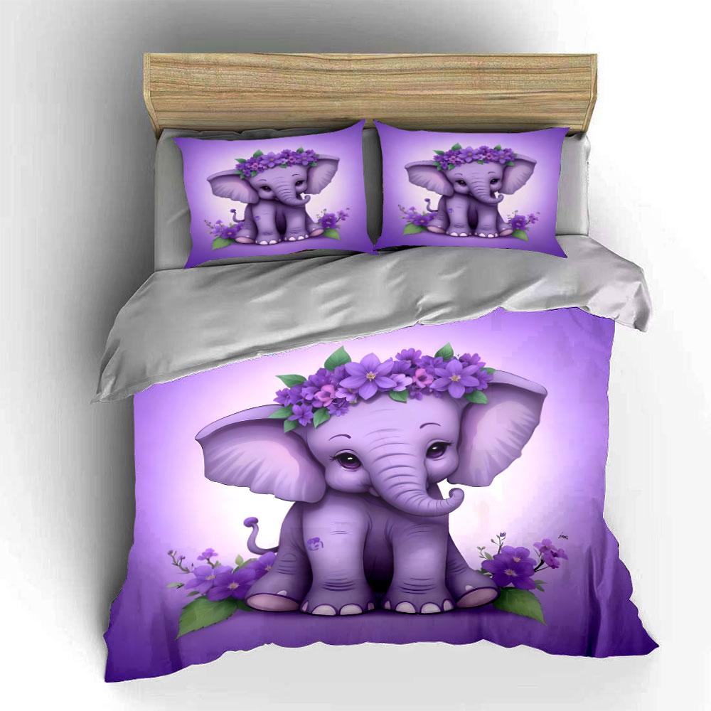 Adorable Purple Elephant Decor Set Kid's and Adults' Bedroom Decor, Exquisite Three-piece Bedding Set Gift