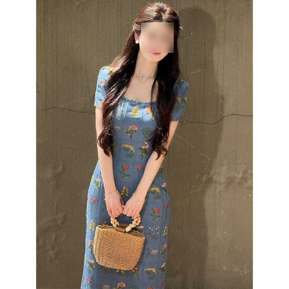 High-end fashion heavy industry embroidery knee-length dress femininity waist thin meat-covering dress