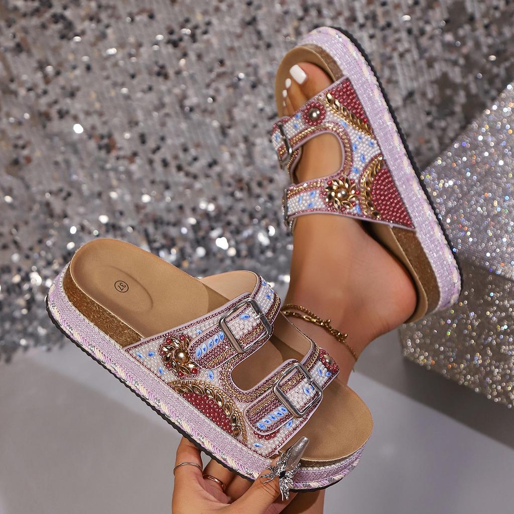 Women's Wide Width Platform Slides, Double Buckle Rhinestone Sandals, Beaded Beach Slippers Wholesale for Women