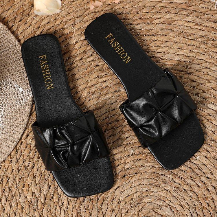 Large Size Open-toed Low-heeled Slippers Women's Summer New Fashion Pleated One-character Cool Slippers