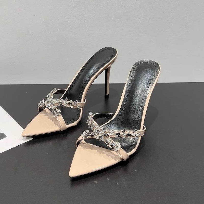 Fashion Rhinestone Sandals Women Summer New Pointed Toe Open Toe Patent Leather Cross Strap One Strap Stiletto Heel High Heel Half Drag