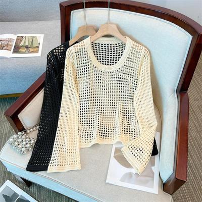 Summer Hole Shirt Loose Hoodie Round Neck Knit Shirt Hollow Sunscreen Long Sleeve Tops