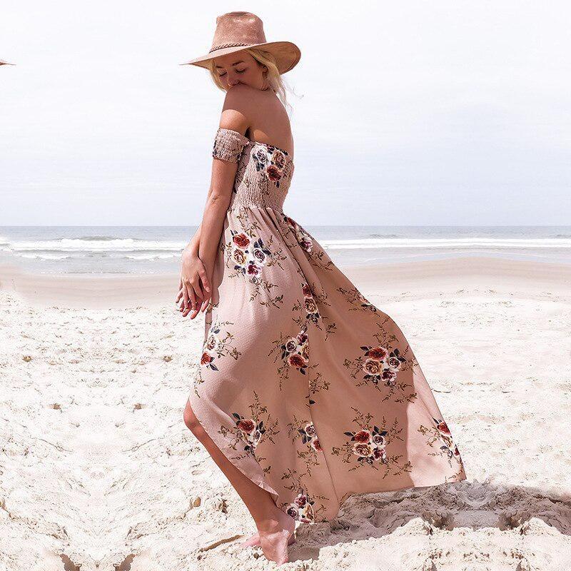 Long Maxi Women Off Shoulder Beach Summer Dresses Floral Print Chiffon