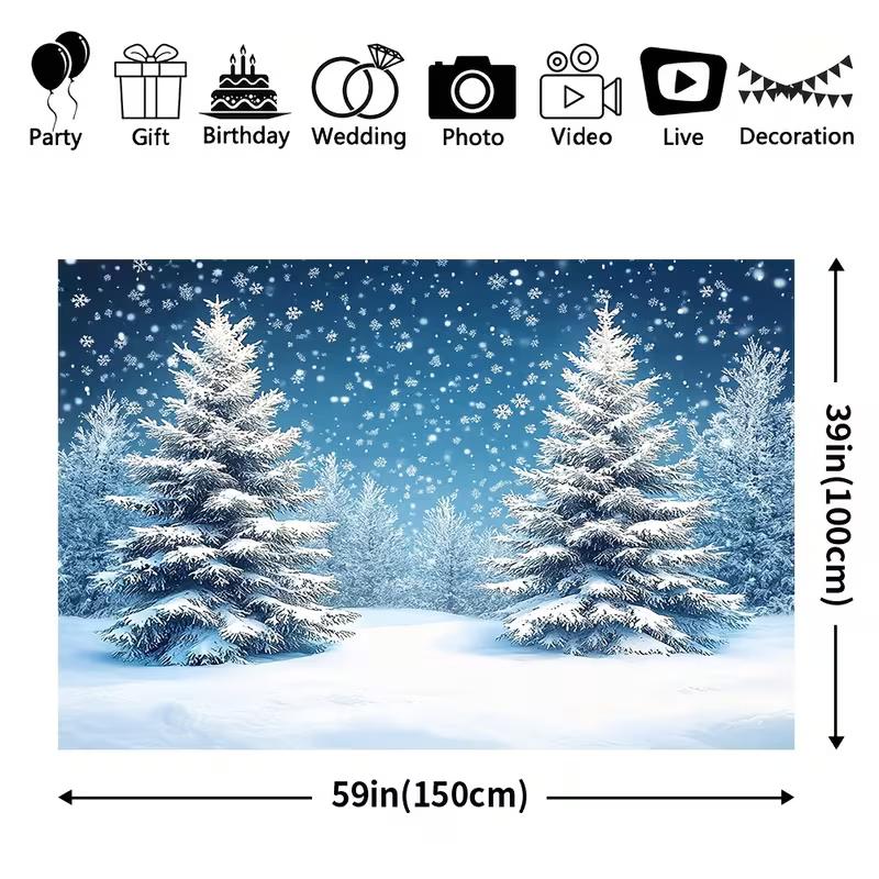 2D Blue Winter Forest Backdrop Snow Falling Pine Trees Party Background