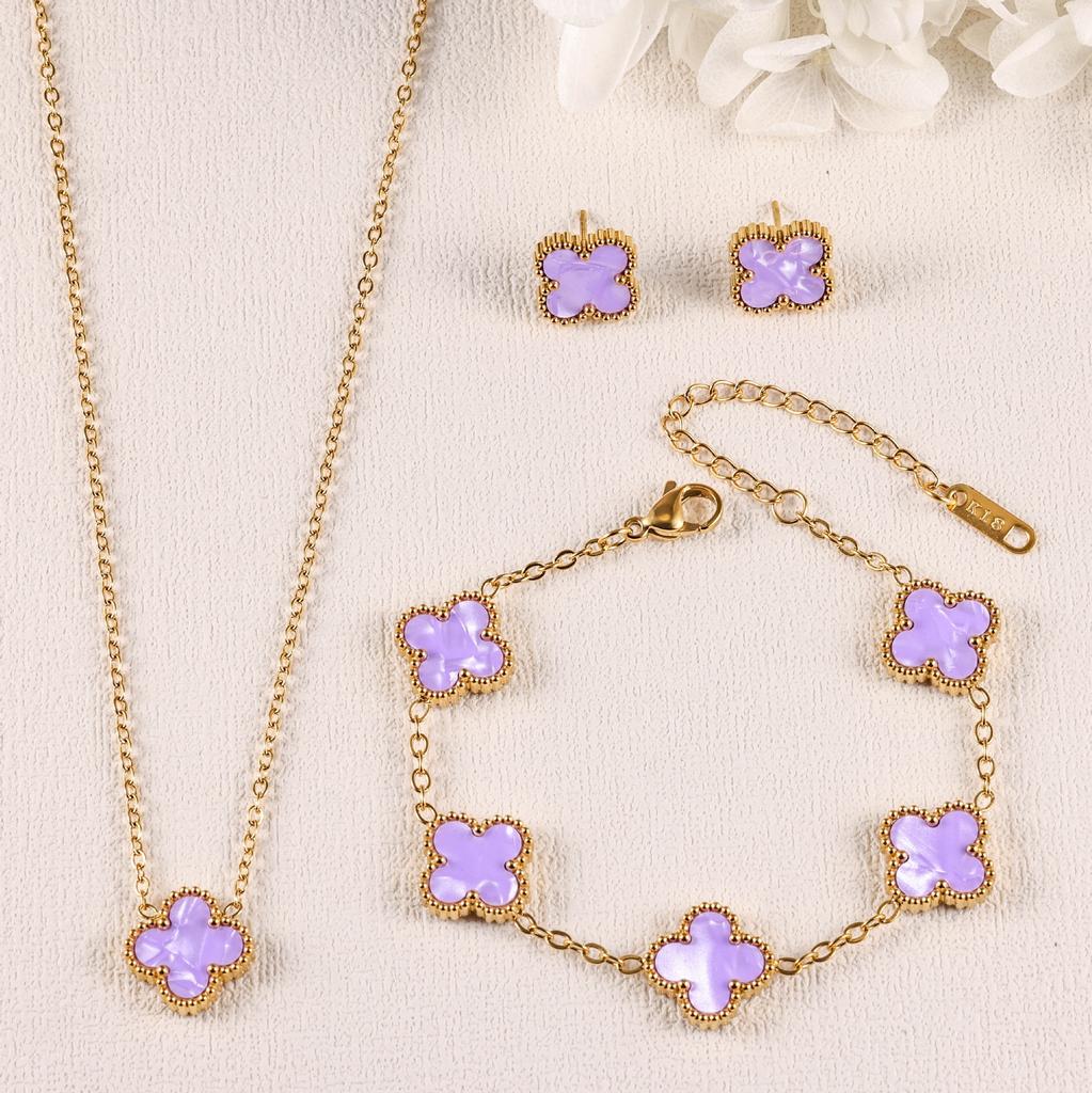 3PCS Clover 18K Gold Plated Necklace Bracelet Earnail Set Women's Light Luxury Colorful Fashion Accessories
