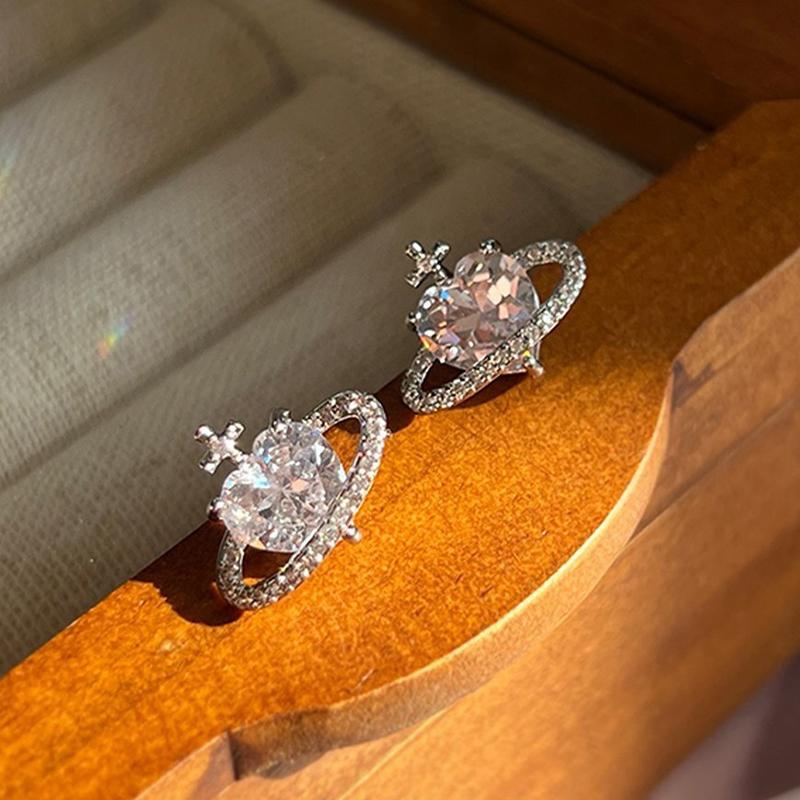 Korean Shine Zircon Planet Earrings Women French Retro Personality Simple Design Versatile Temperament Stud Earrings Jewelry