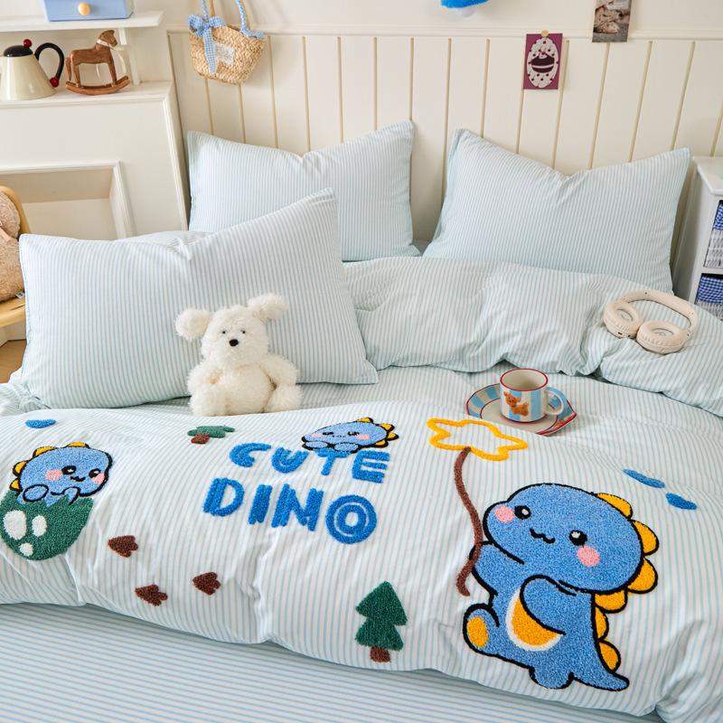 Cartoon towel embroidered cotton pure cotton bed four-piece set cute wind children's bedding quilt cover bed sheet dormitory three-piece set