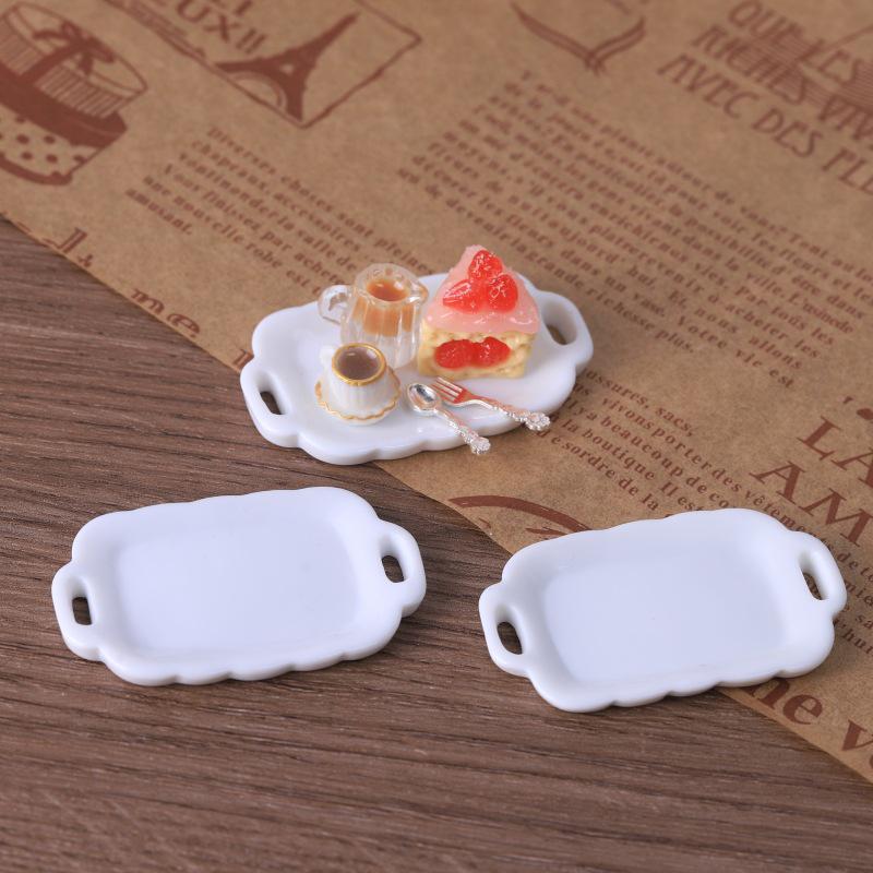 Miniature Dollhouse Dinnerware Set: Double-Ear Plate & Tray with DIY Cream Glue Handmade Resin Accessories