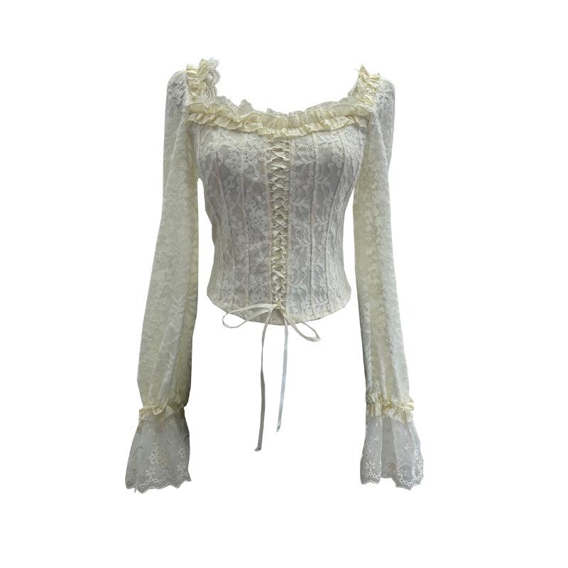 

Square Neck Lace Bell Sleeve Embroidered One-Shoulder Top 8870 One Size